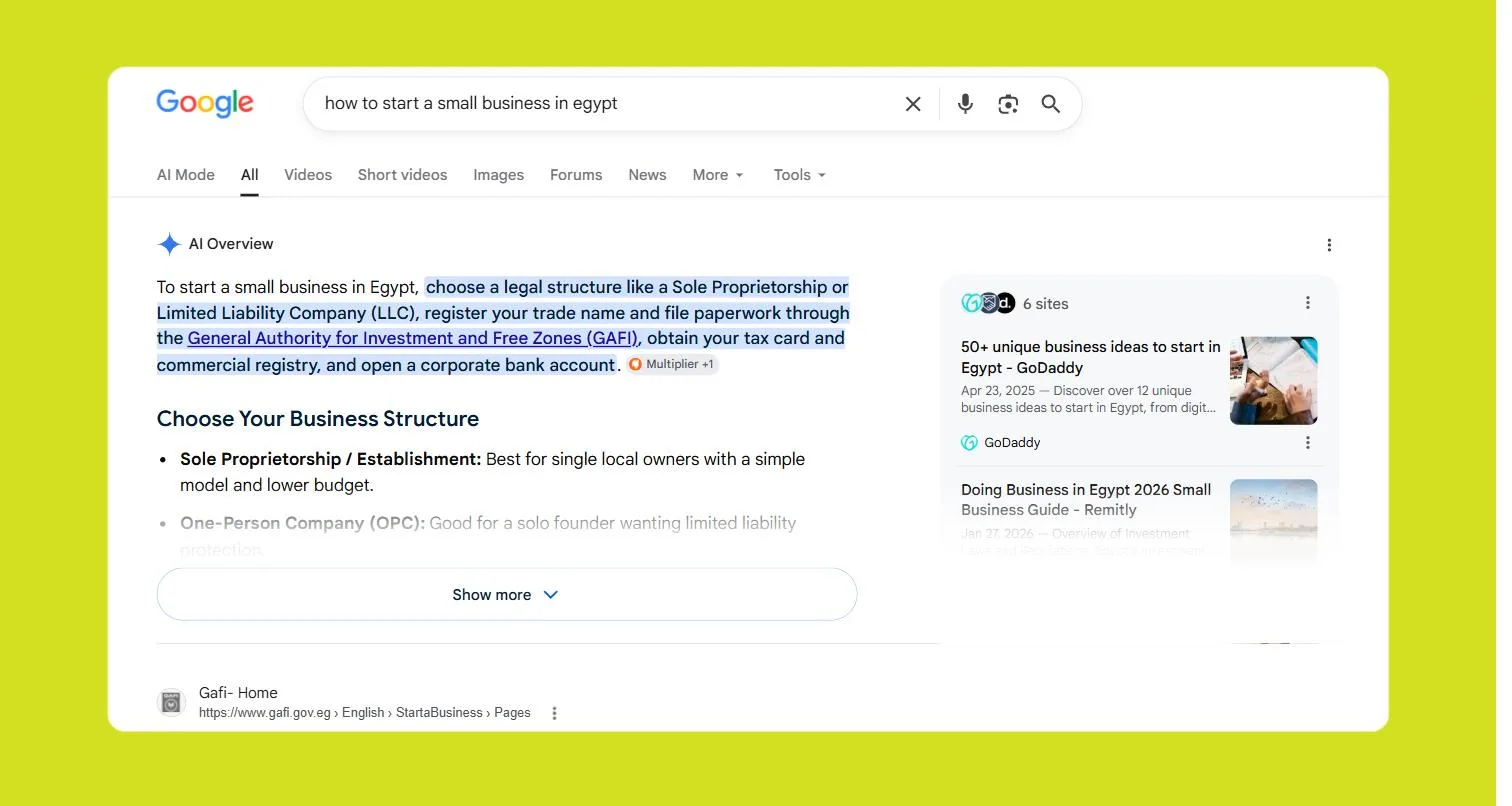 AI-generated answer block pulling information from multiple websites