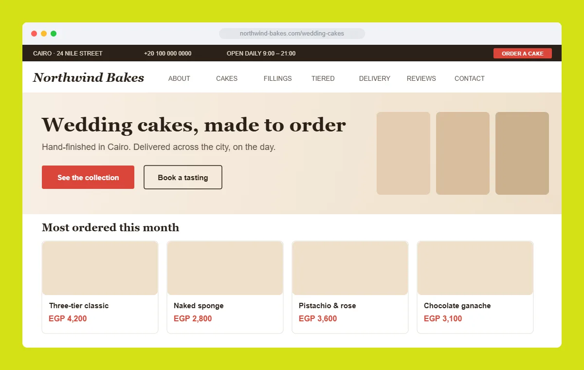 Example of a single-purpose landing page showing a headline, one primary call to action, contact and opening details, and a product grid