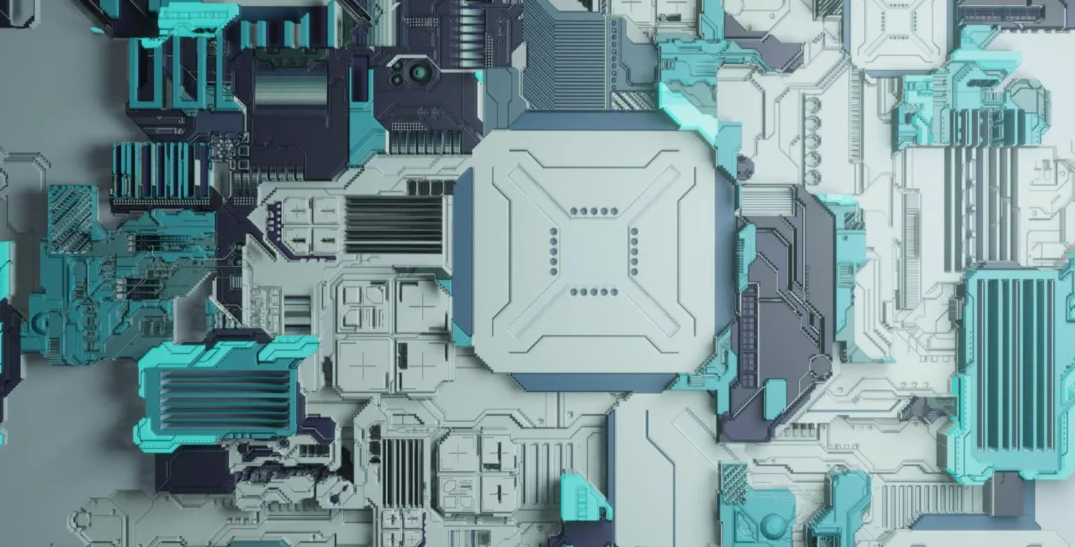 Abstract render of an AI processor chip surrounded by circuitry