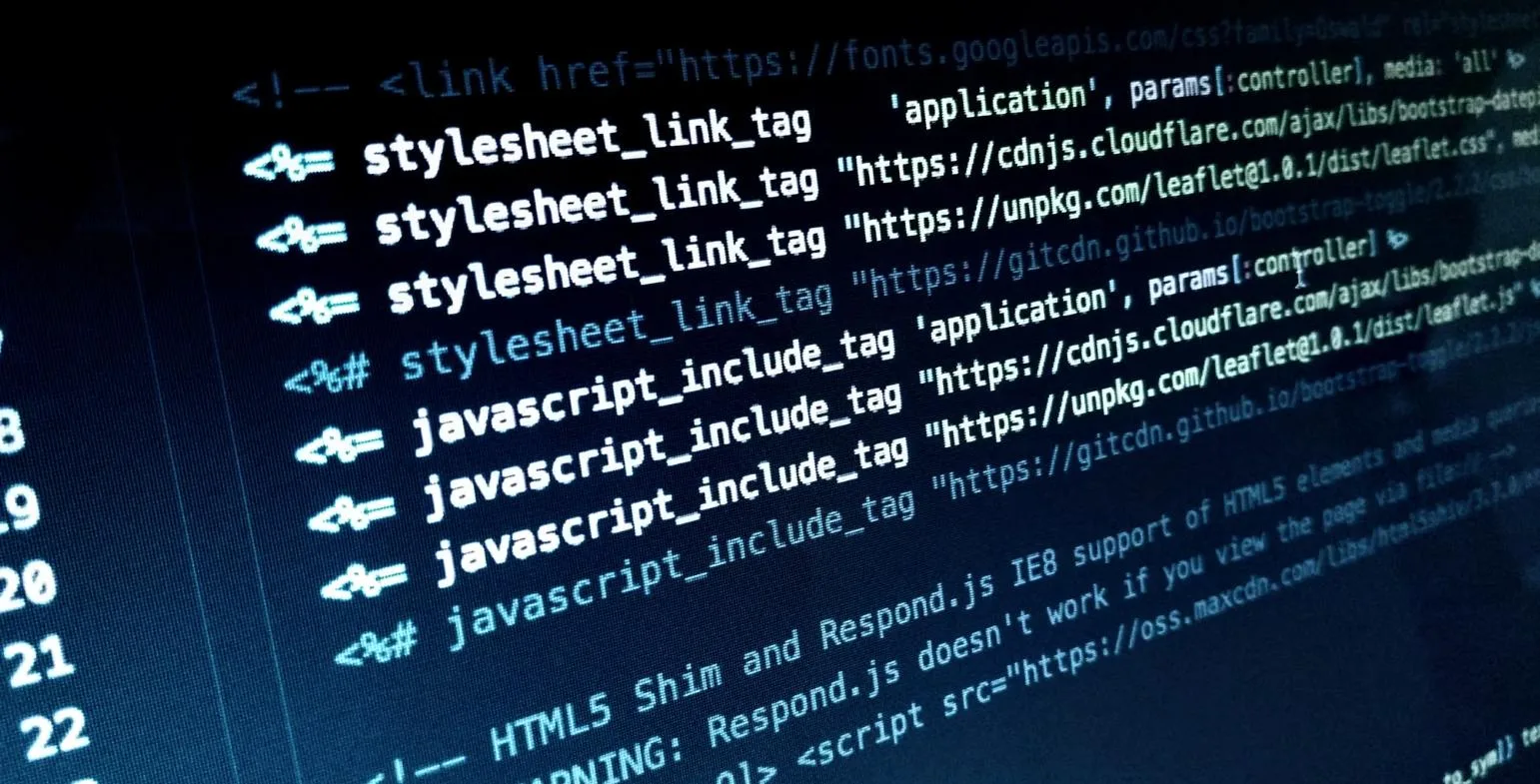 Screen showing JavaScript include tags and stylesheet links in a page template