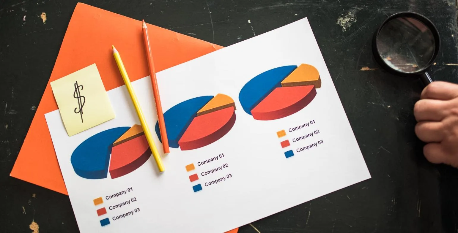Printed report with three pie charts comparing company market share and a magnifying glass