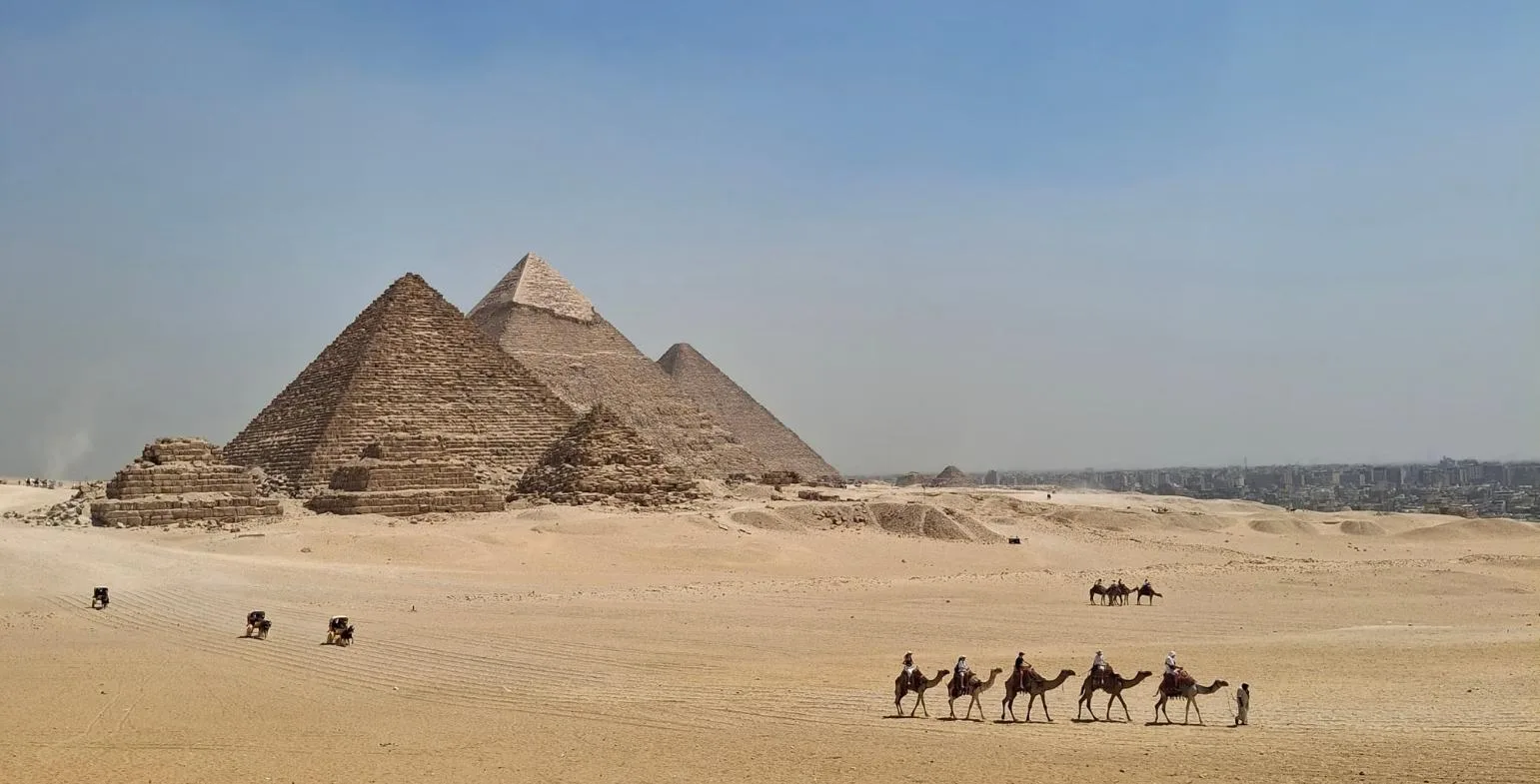 Camel caravan crossing the desert near the Pyramids of Giza in Egypt