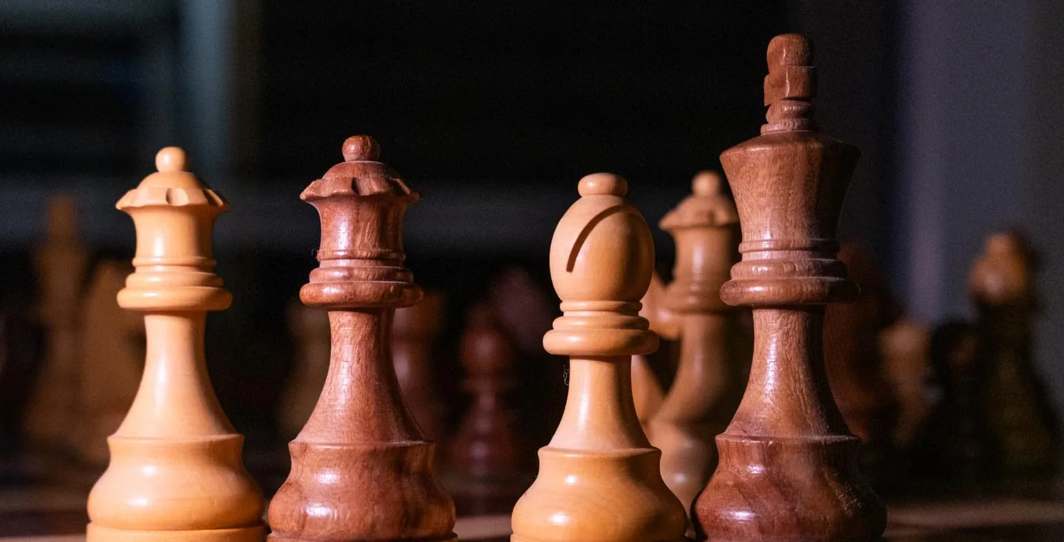 Four different wooden chess pieces standing side by side on a board