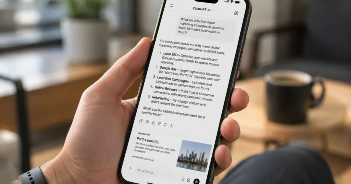 A sponsored ad unit appearing below a ChatGPT answer on an iPhone, showing the advertiser name, description, landing page URL and creative image.
