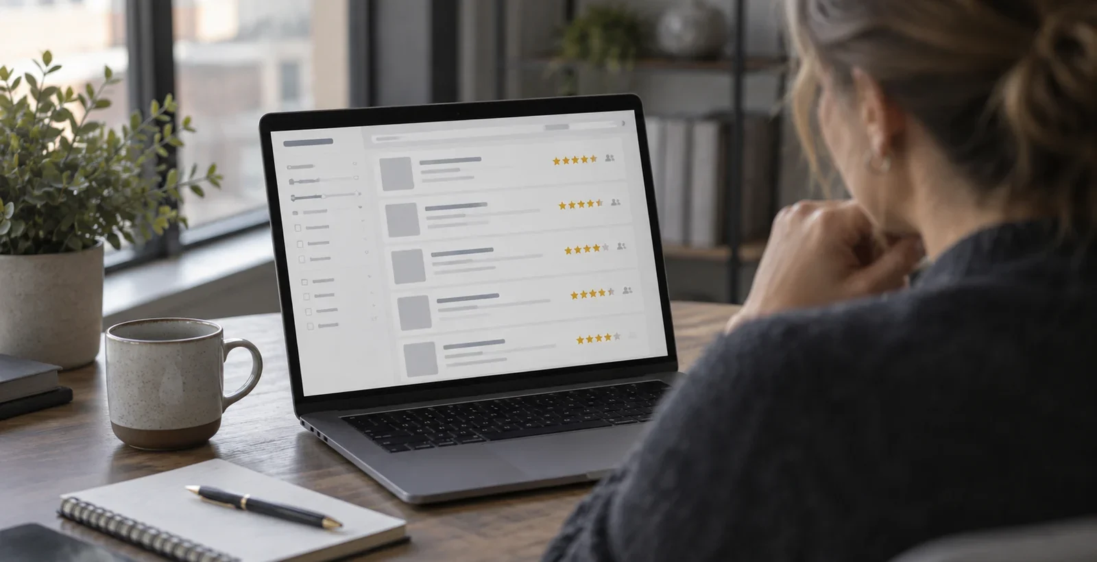 A marketing manager at a desk comparing shortlisted agency profiles on a laptop, each listing showing a star rating and a review count.