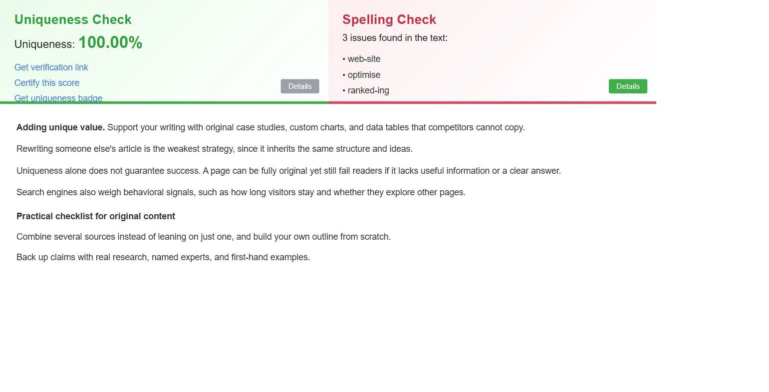 Uniqueness and spelling check results next to a paragraph of text about original content